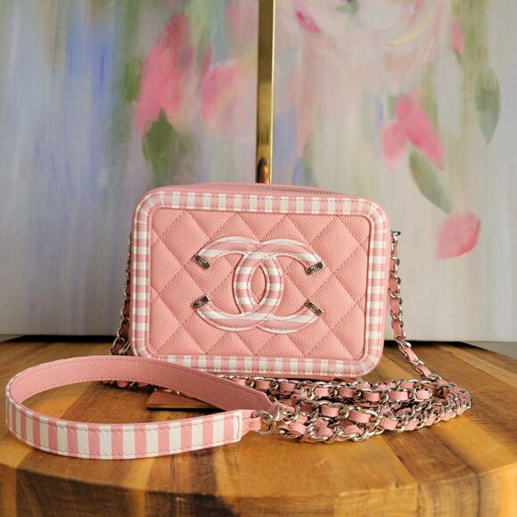 CHANEL Caviar Quilted Striped CC Filigree Clutch With Chain Pink White - Picture 6 of 11